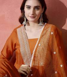 Orange floral embroidered pleated thread work a-line kurta with trouser & dupatta
