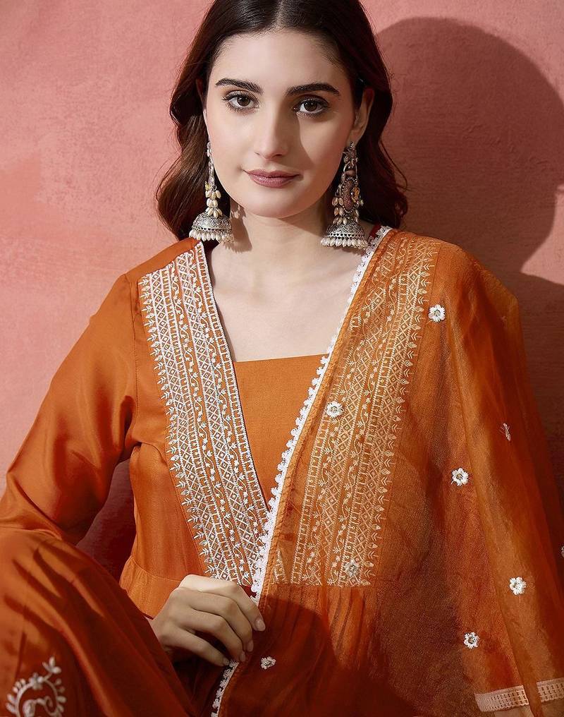 Orange floral embroidered pleated thread work a-line kurta with trouser & dupatta
