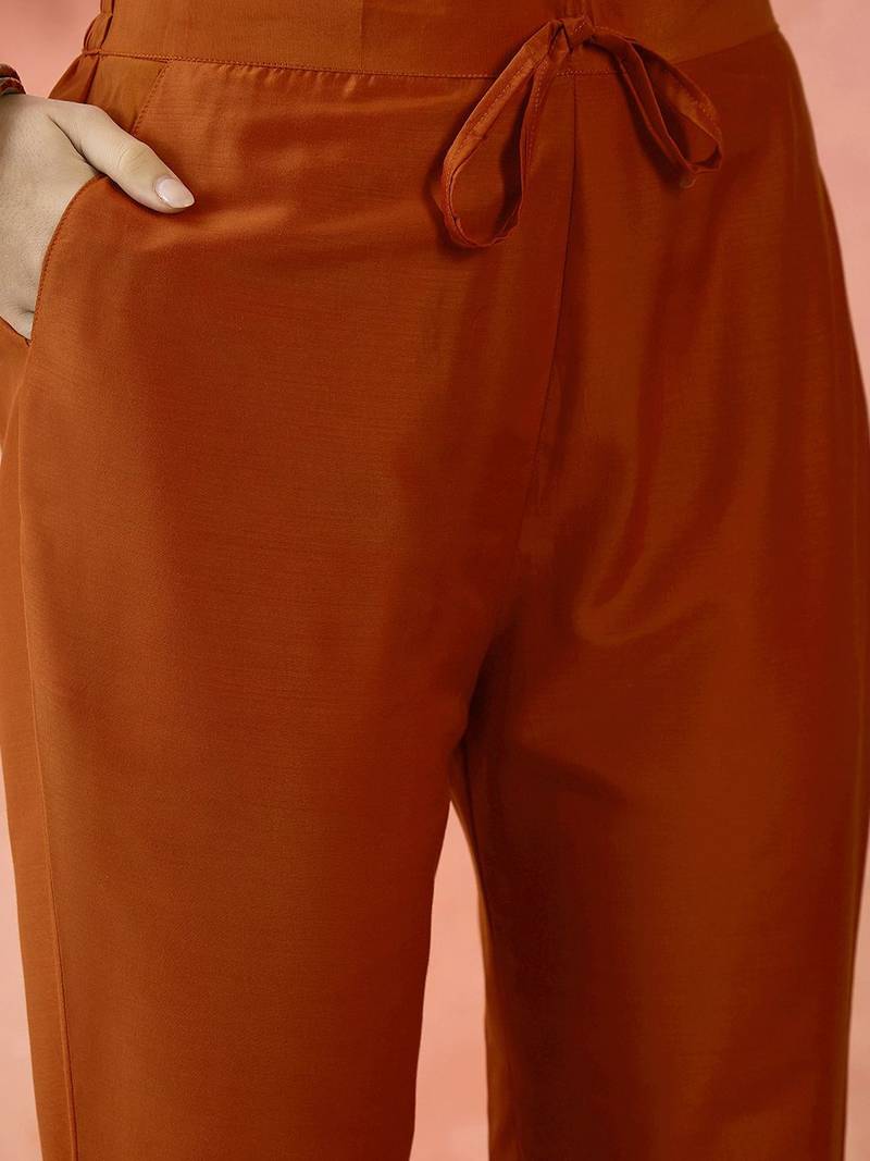 Orange floral embroidered pleated thread work a-line kurta with trouser & dupatta