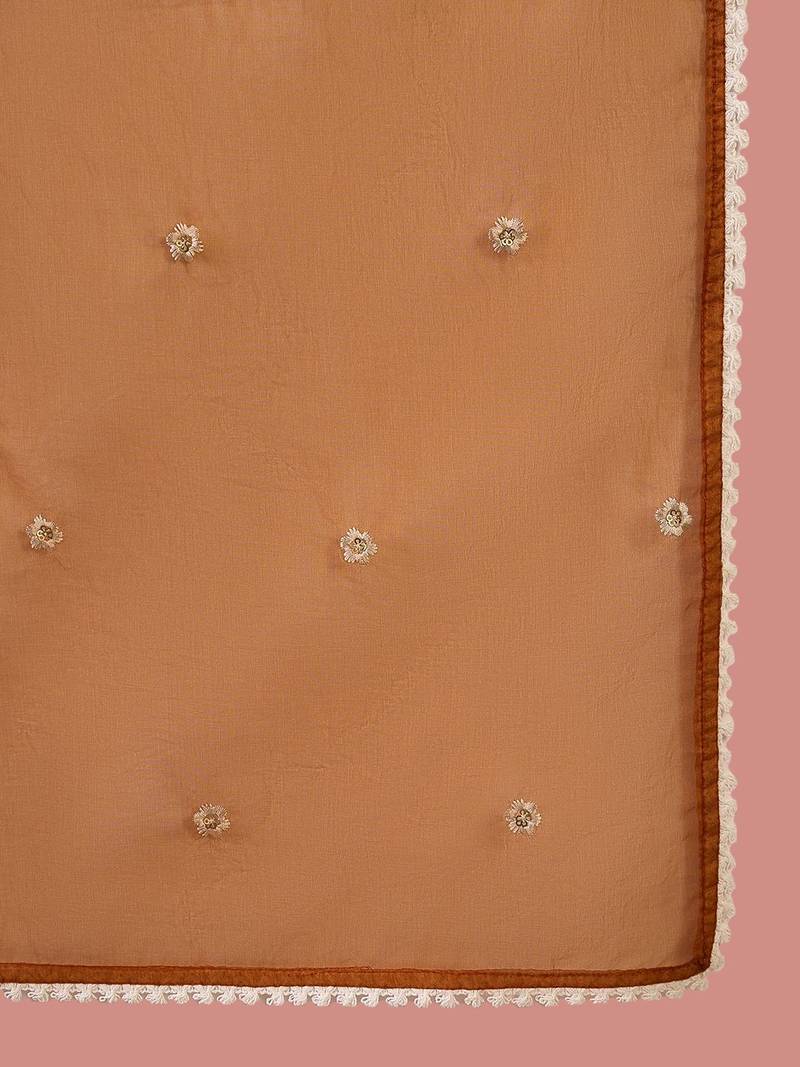 Orange floral embroidered pleated thread work a-line kurta with trouser & dupatta