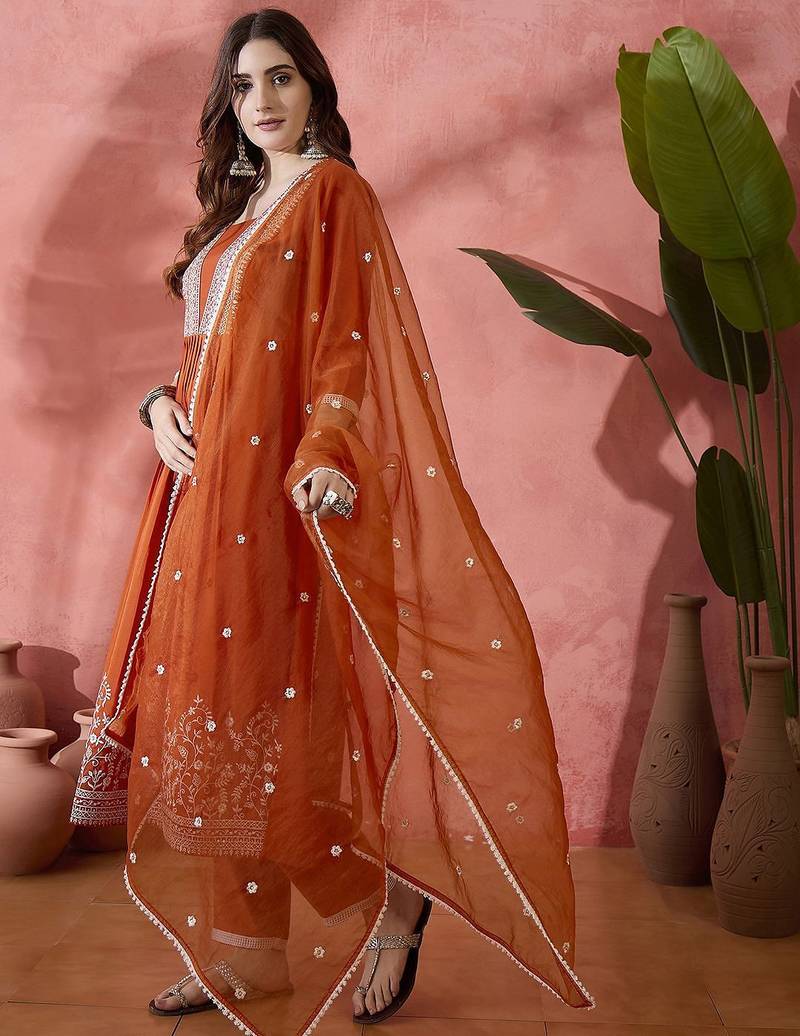 Orange floral embroidered pleated thread work a-line kurta with trouser & dupatta