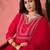 Red floral embroidered notch-neck straight kurta with pant and dupatta