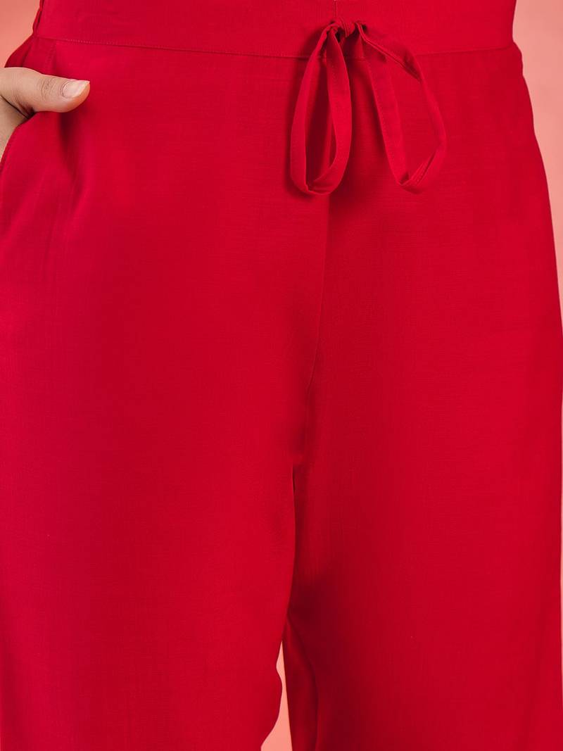 Red floral embroidered notch-neck straight kurta with pant and dupatta