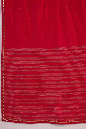 Red floral embroidered notch-neck straight kurta with pant and dupatta