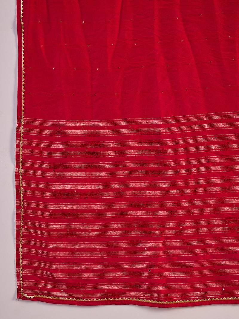 Red floral embroidered notch-neck straight kurta with pant and dupatta