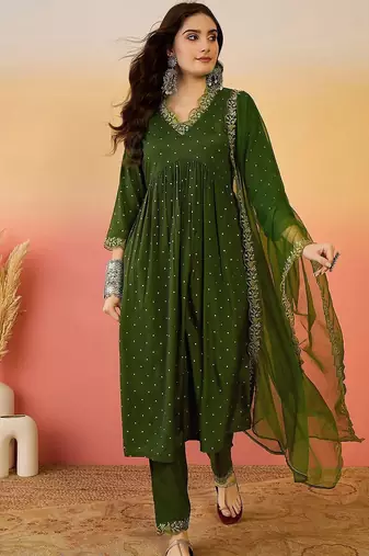 Floral zari work v-neck empire a-line kurta with trousers and dupatta