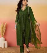 Floral zari work v-neck empire a-line kurta with trousers and dupatta