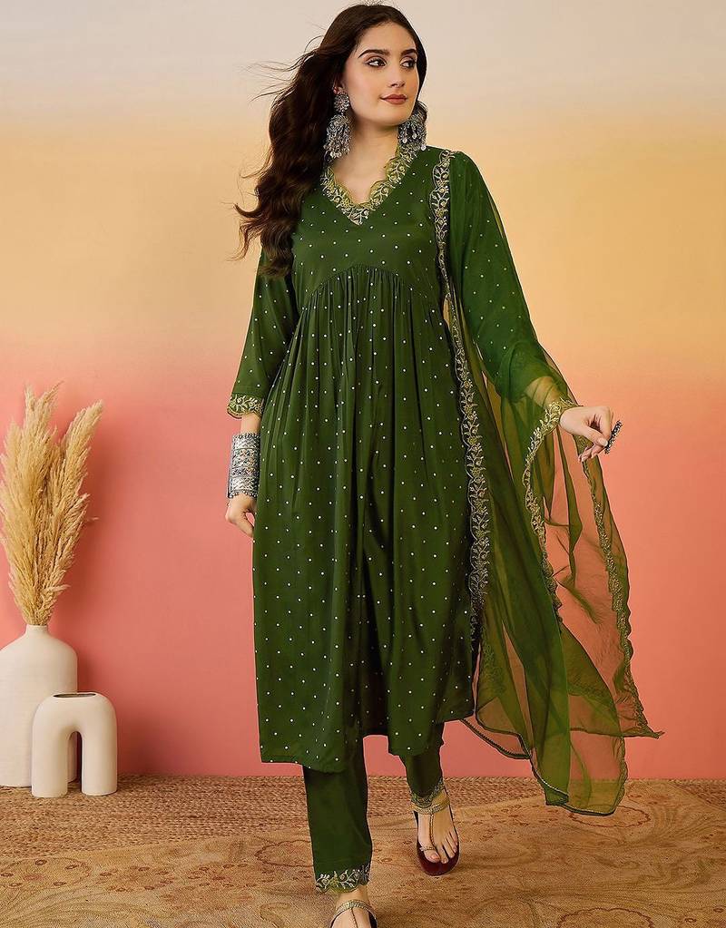 Floral zari work v-neck empire a-line kurta with trousers and dupatta
