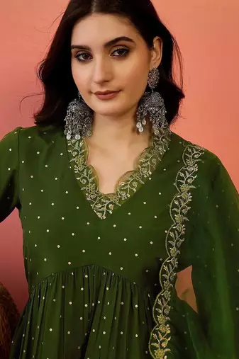 Floral zari work v-neck empire a-line kurta with trousers and dupatta