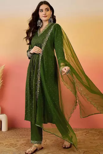 Floral zari work v-neck empire a-line kurta with trousers and dupatta