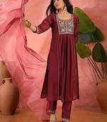 Floral embroidered round neck sequinned straight kurta with trousers and dupatta