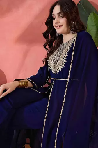 Zari sequence cording embroidered front slit kurta with trousers & dupatta