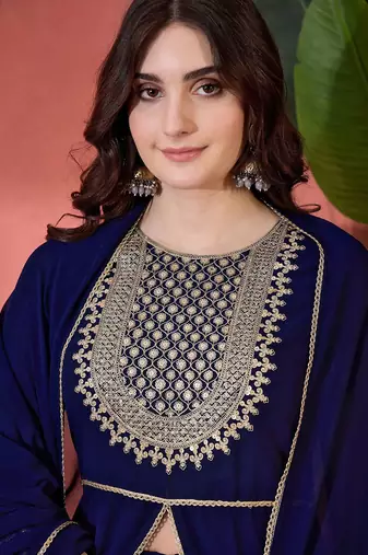 Zari sequence cording embroidered front slit kurta with trousers & dupatta