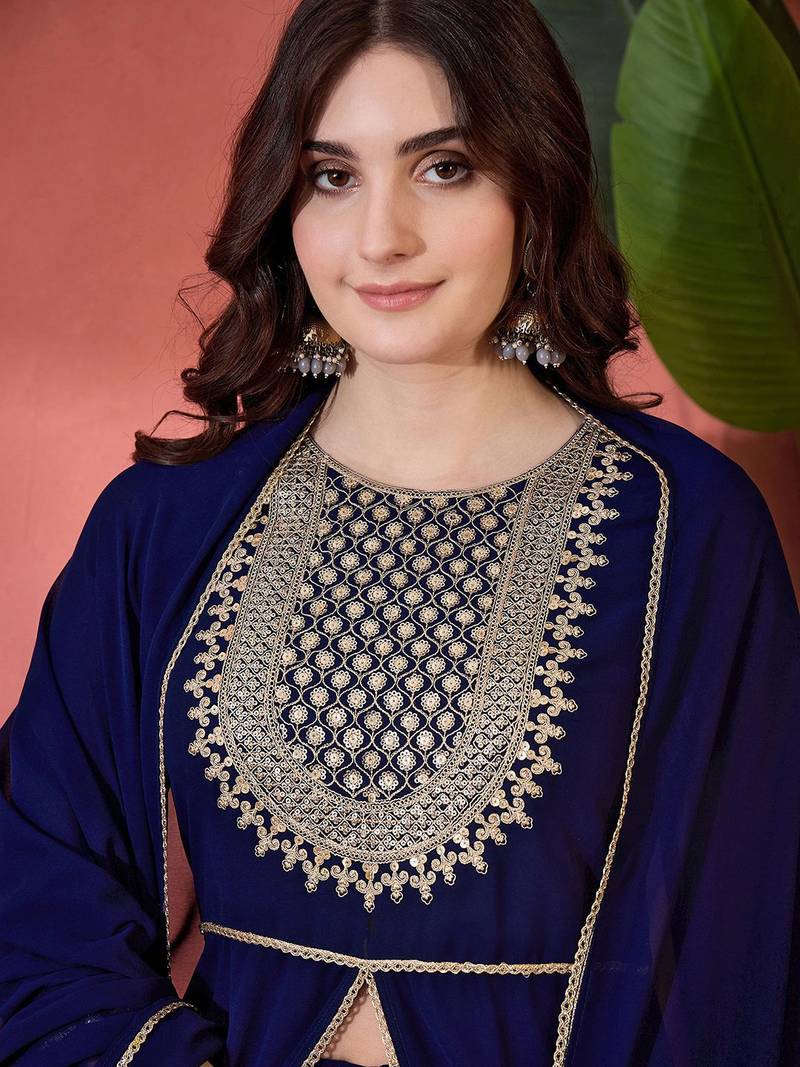 Zari sequence cording embroidered front slit kurta with trousers & dupatta