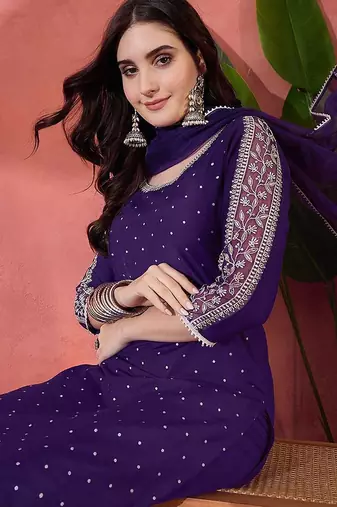 Zari sequence embroidered straight kurta & trousers with dupatta