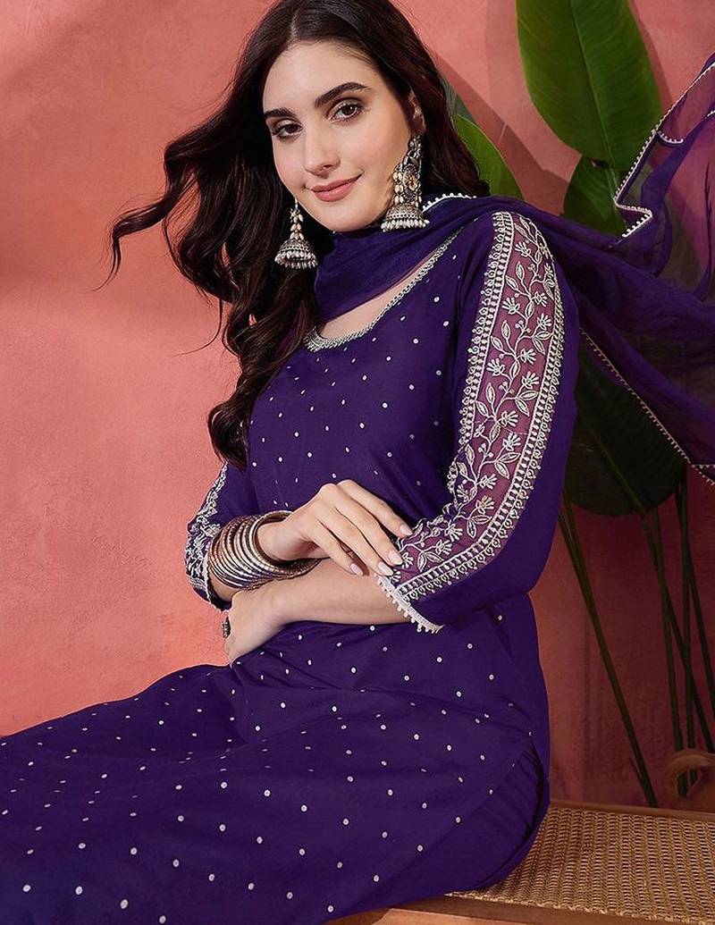 Zari sequence embroidered straight kurta & trousers with dupatta