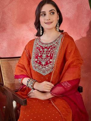 Polka dots printed v-neck thread work georgette kurta with trousers & dupatta 2