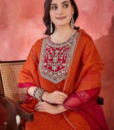 Polka dots printed v-neck thread work georgette kurta with trousers & dupatta