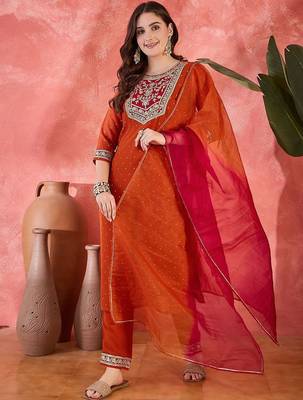 Polka dots printed v-neck thread work georgette kurta with trousers & dupatta 1