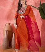 Polka dots printed v-neck thread work georgette kurta with trousers & dupatta