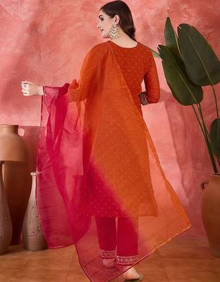 Polka dots printed v-neck thread work georgette kurta with trousers & dupatta 5