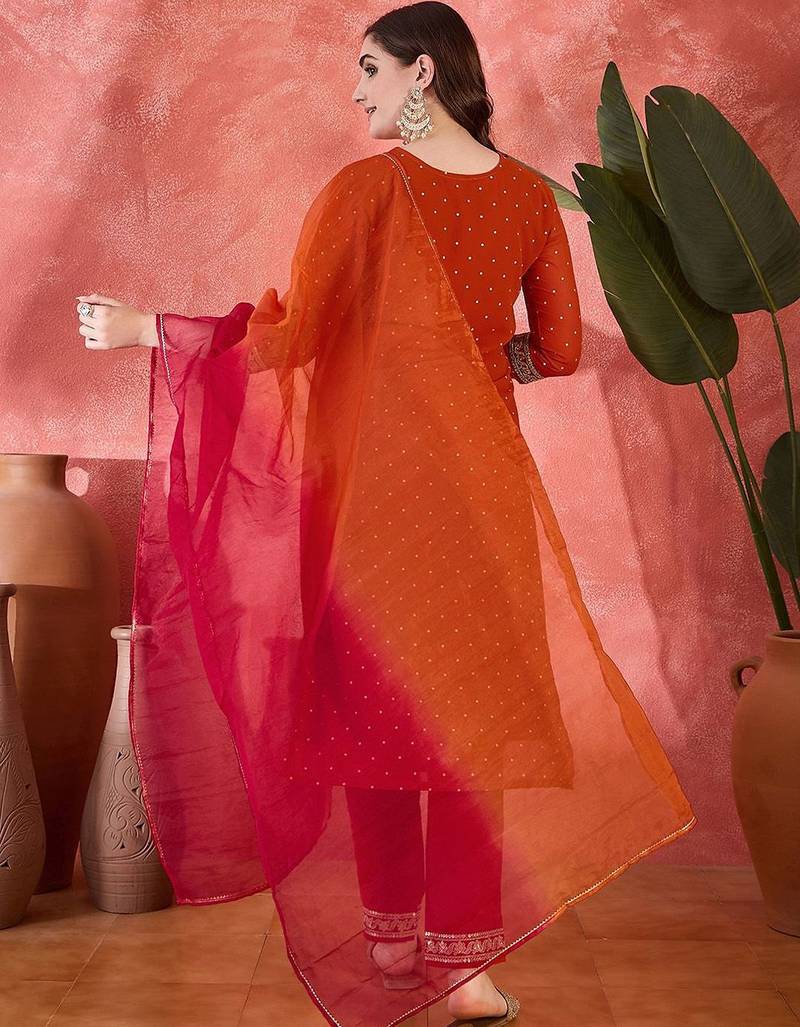 Polka dots printed v-neck thread work georgette kurta with trousers & dupatta