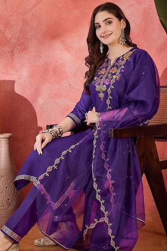 Women thread zari sequence embroidered kurta set with dupatta