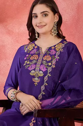 Women thread zari sequence embroidered kurta set with dupatta