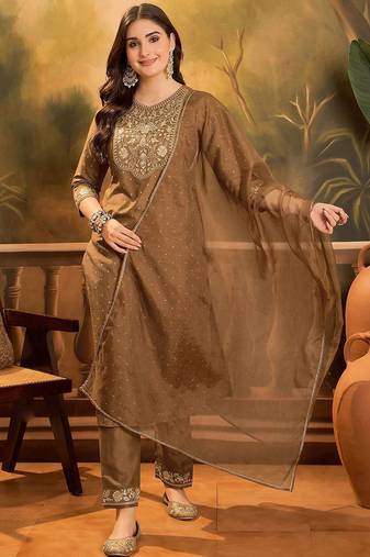 Thread zari sequence embroidered with foil printed kurta with trousers & dupatta