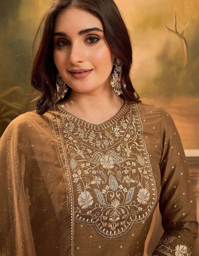 Thread zari sequence embroidered with foil printed kurta with trousers & dupatta
