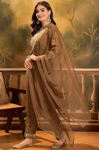 Thread zari sequence embroidered with foil printed kurta with trousers & dupatta