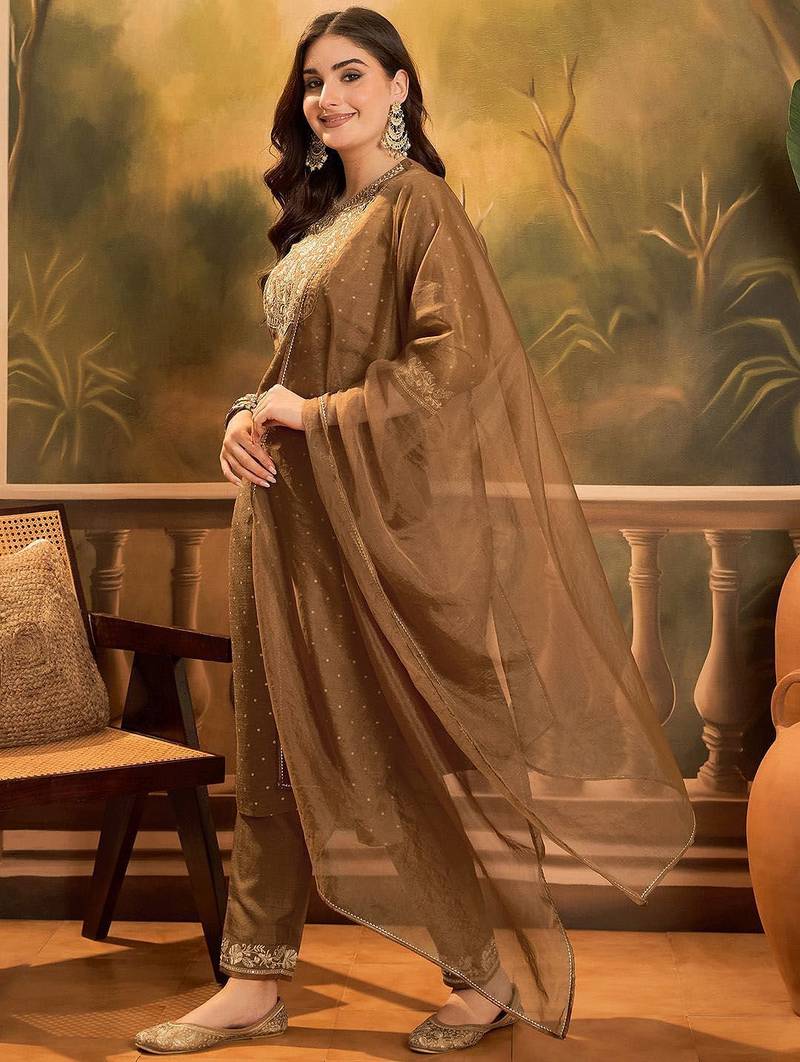 Thread zari sequence embroidered with foil printed kurta with trousers & dupatta