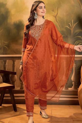 Polka dots printed v-neck thread work chinon kurta with trousers & dupatta