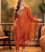 Polka dots printed v-neck thread work chinon kurta with trousers & dupatta