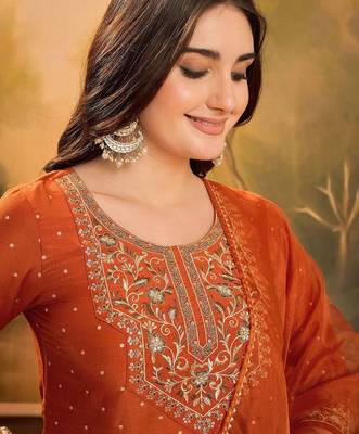 Polka dots printed v-neck thread work chinon kurta with trousers & dupatta 2