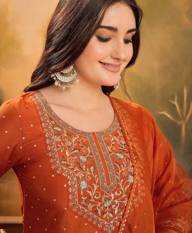 Polka dots printed v-neck thread work chinon kurta with trousers & dupatta