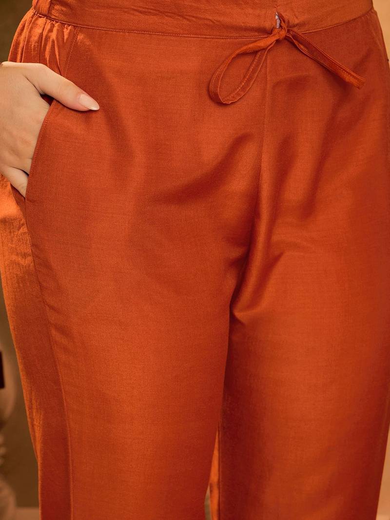 Polka dots printed v-neck thread work chinon kurta with trousers & dupatta