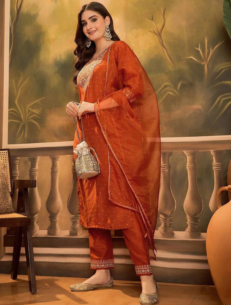 Polka dots printed v-neck thread work chinon kurta with trousers & dupatta