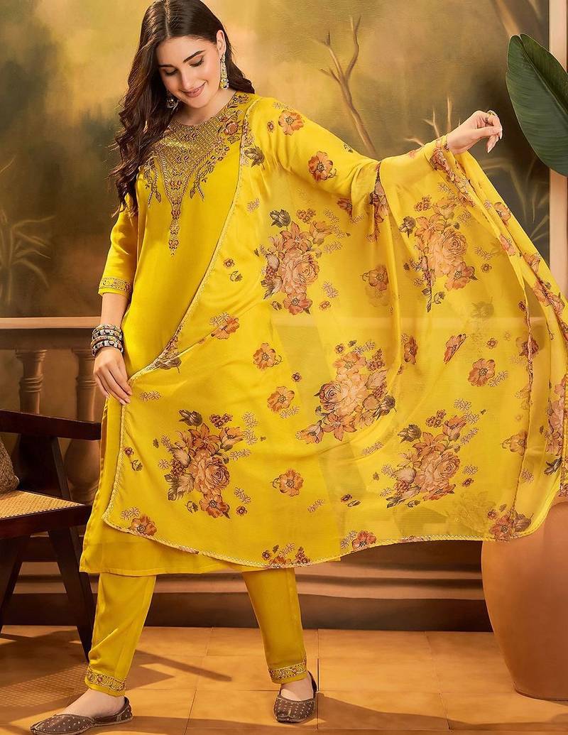 Thread zari sequence embroidered kurta with trousers & dupatta