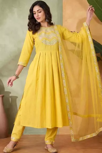 Embroidered  round neck kurta & trousers with dupatta