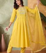 Embroidered  round neck kurta & trousers with dupatta