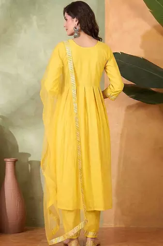 Embroidered  round neck kurta & trousers with dupatta