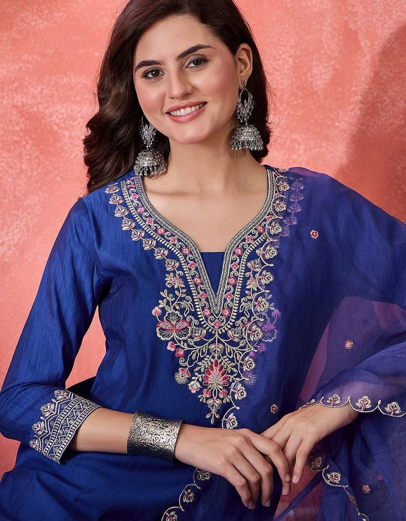 Women embroidered zari mirror work kurta pant with dupatta set