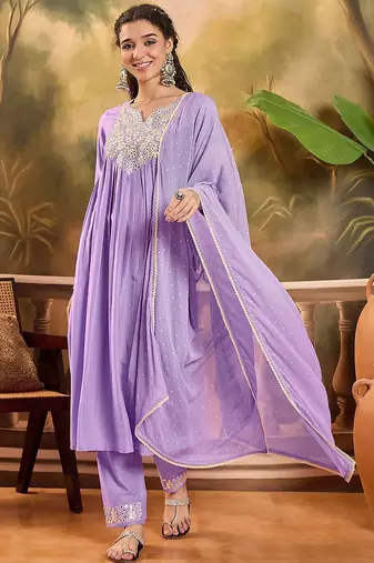 Women thread embroidered with mirror work a-line kurta with trousers & dupatta