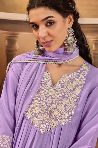 Women thread embroidered with mirror work a-line kurta with trousers & dupatta