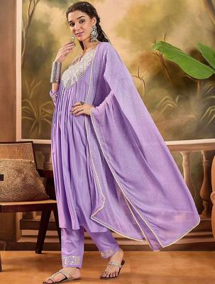 Women thread embroidered with mirror work a-line kurta with trousers & dupatta 5