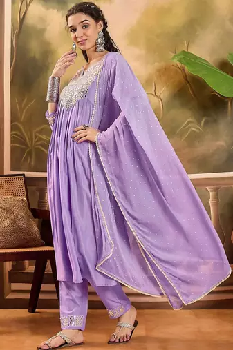 Women thread embroidered with mirror work a-line kurta with trousers & dupatta