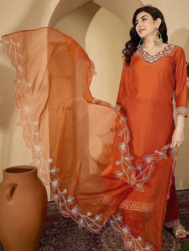 Embroidered kurta with trouser & dupatta