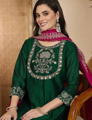 Embroidered round neck a-line kurta & trousers with dupatta 1