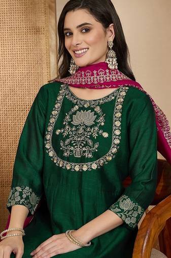 Embroidered round neck a-line kurta & trousers with dupatta